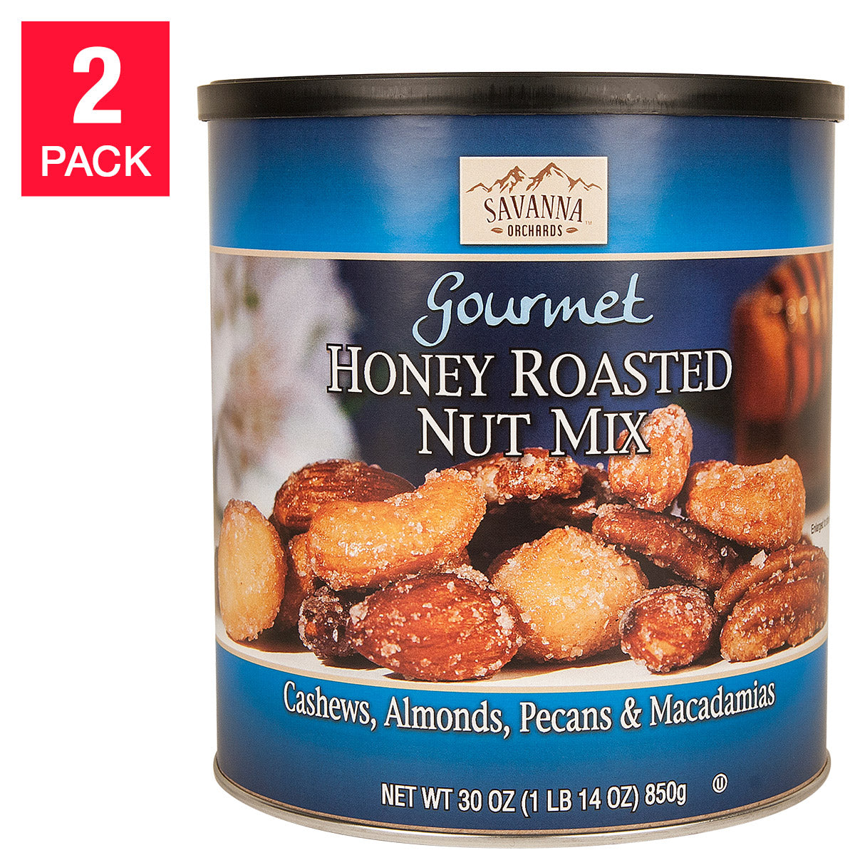 Savanna Gourmet Honey Roasted Nut Mix can with blue label and image of nuts on a white background