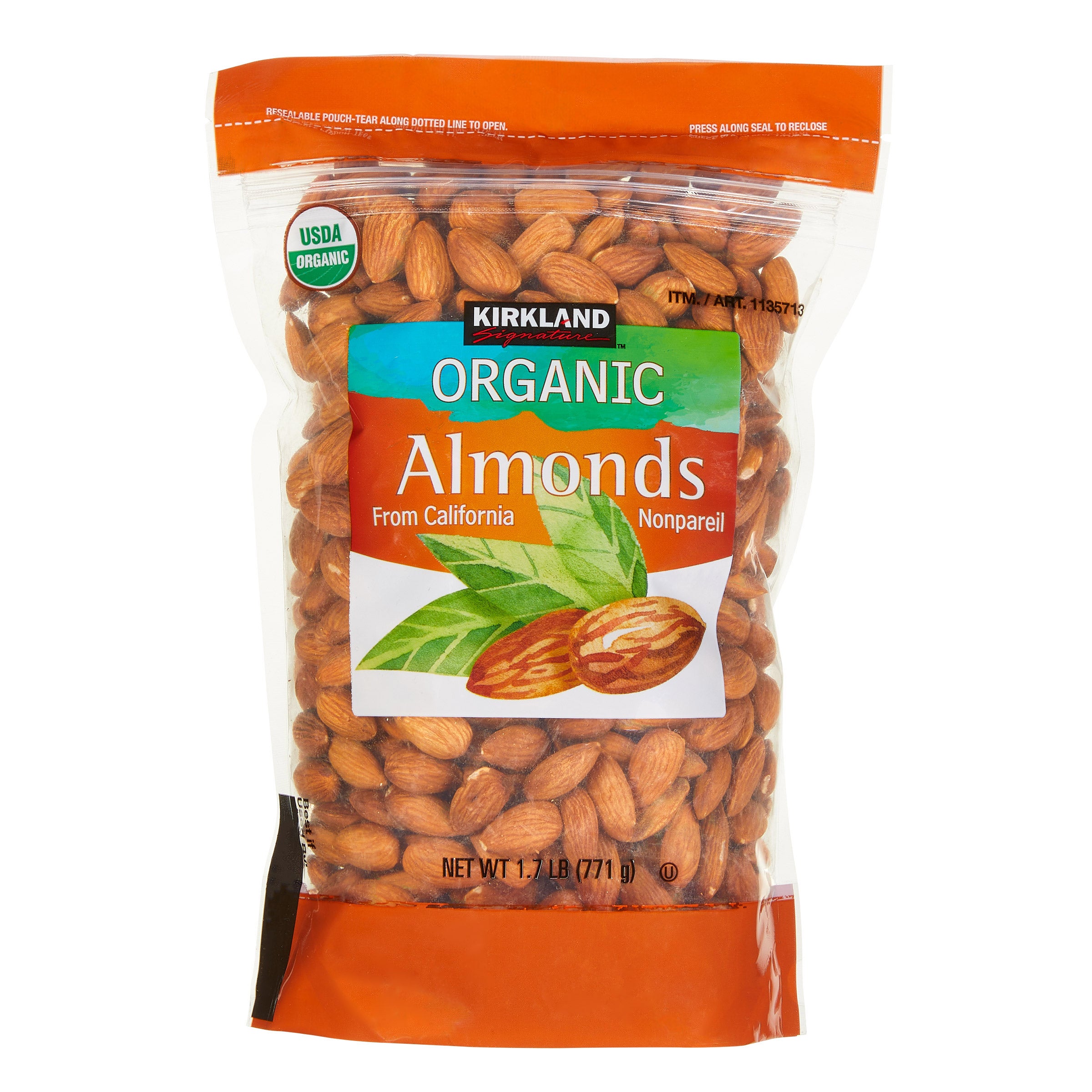 Kirkland Organic Almonds package on a white background