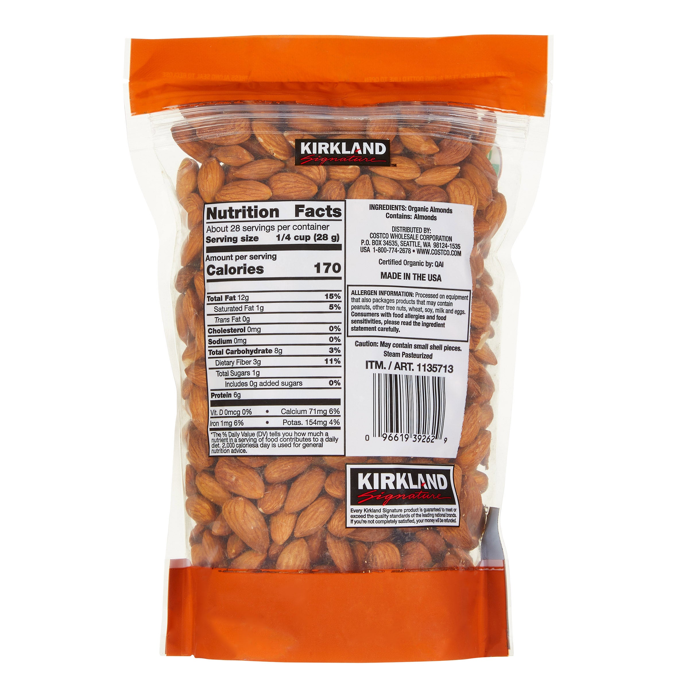 Kirkland brand almonds in a clear package with orange ends on a white background