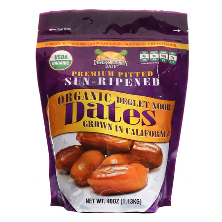 Bag of organic Deglet Noor dates with a purple and orange label on a white background