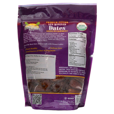 Purple package of dates with nutritional information and branding on a white background