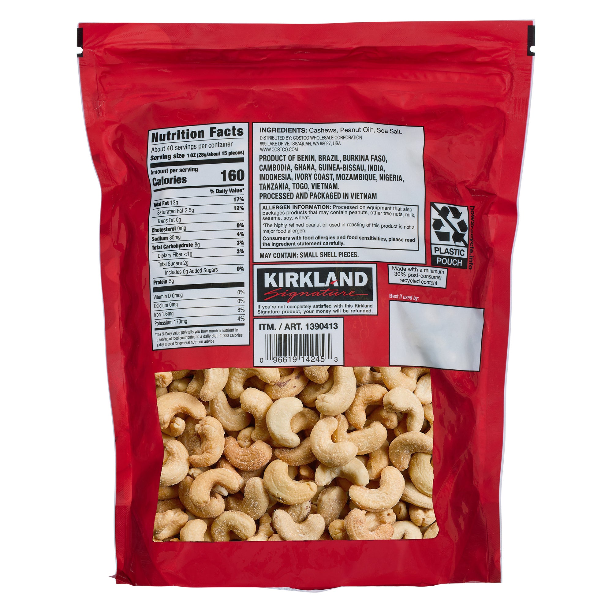 Red package of Kirkland cashews with nutrition label and branding.