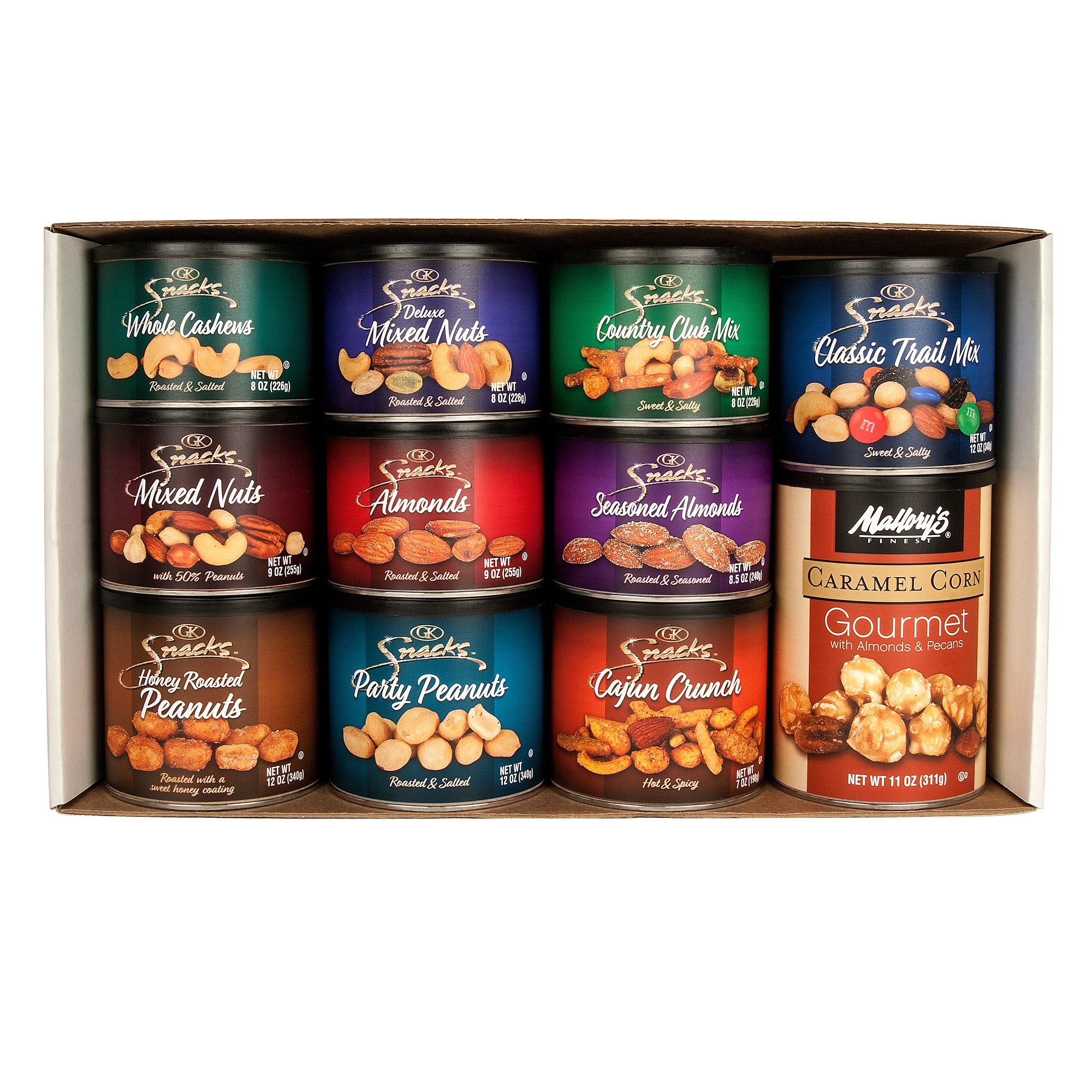 Assorted snack mixes in cans displayed in a box on a white background