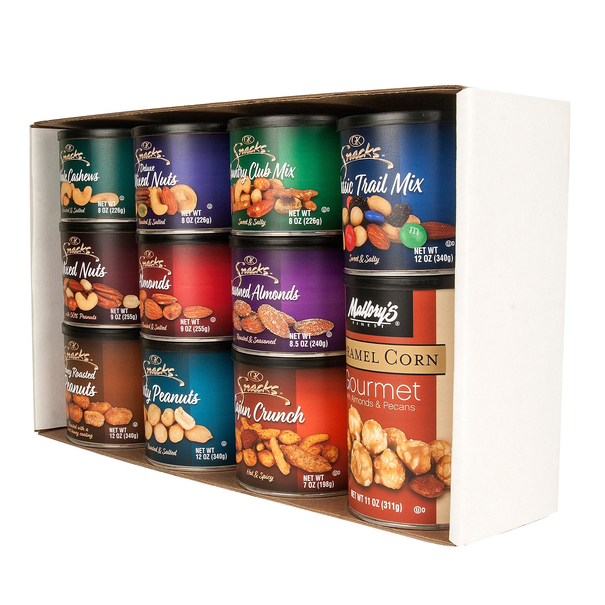 Assorted Malley's snack mixes in a box on a white background