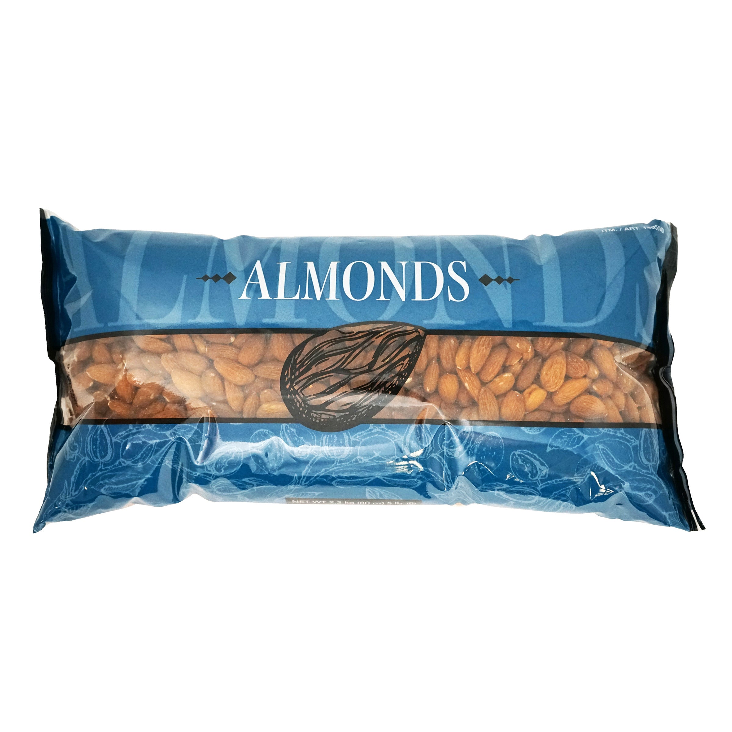 Packaged almonds in a blue and clear plastic bag on a white background