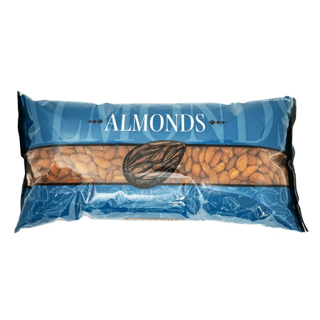 Packaged almonds in a blue and clear plastic bag on a white background