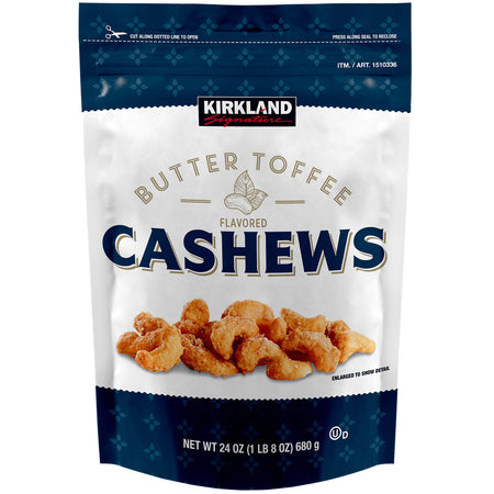 Kirkland Signature Butter Toffee Flavored Cashews packaging on a white background