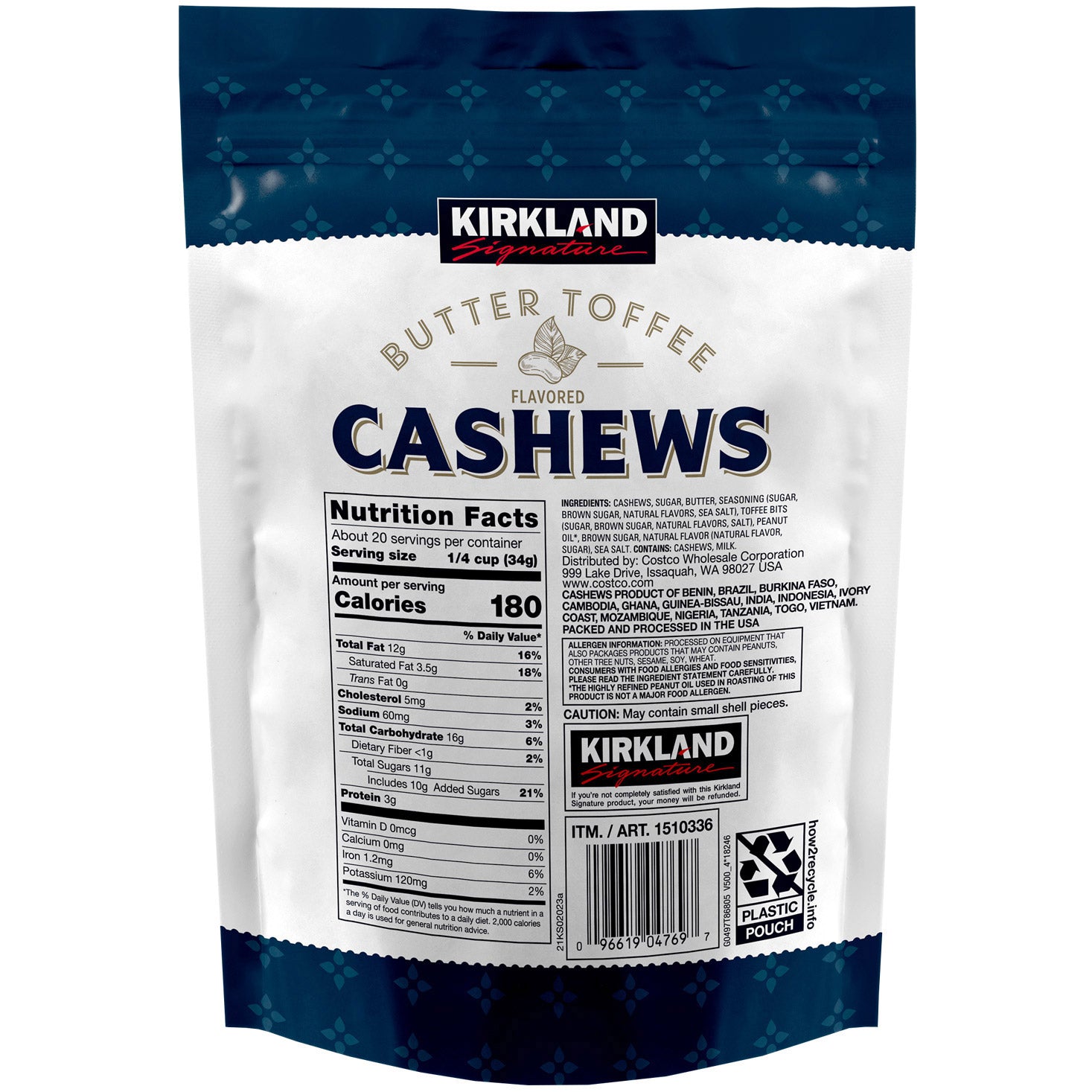 Kirkland Signature Butter Toffee Flavored Cashews packaging with nutrition facts label.