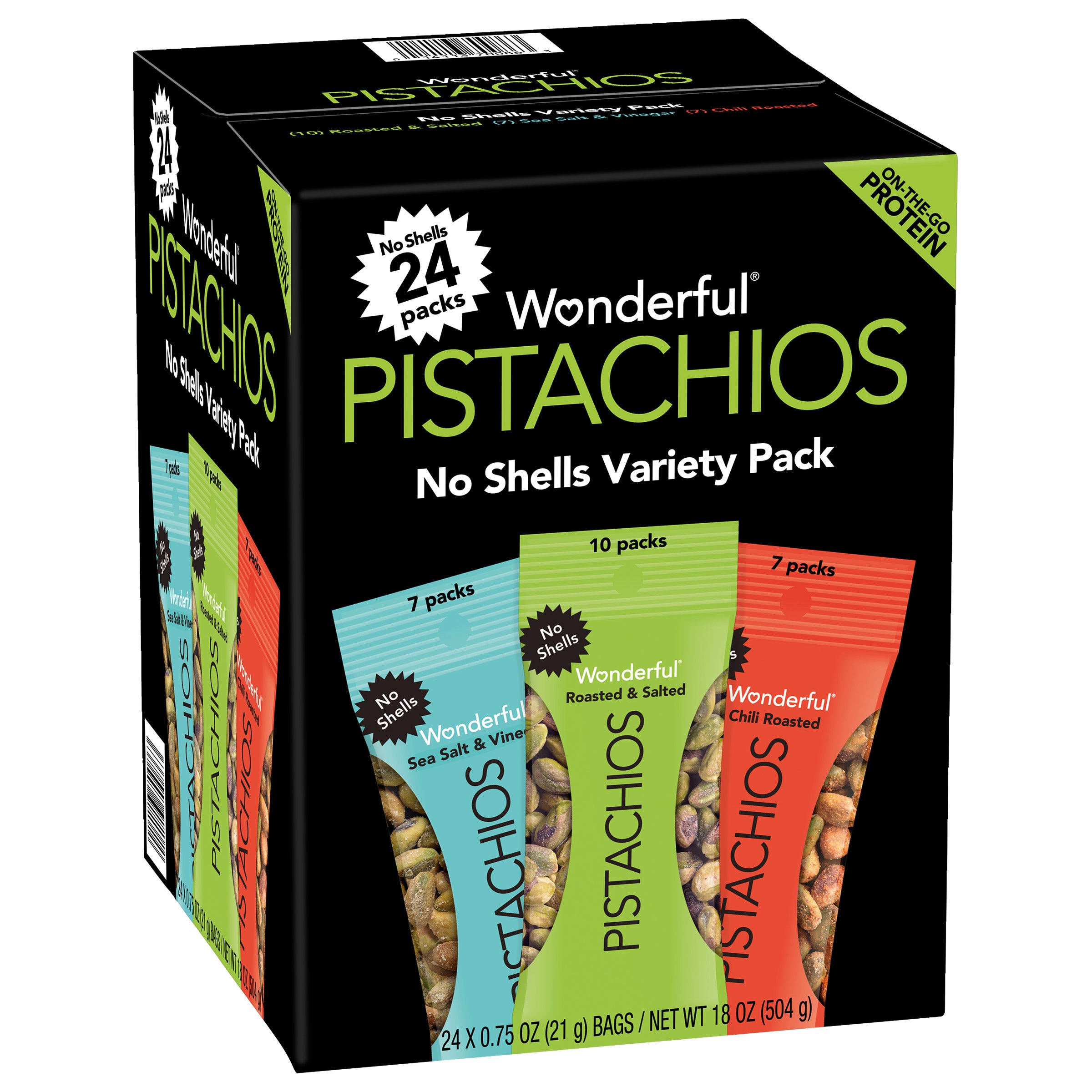 Box of Wonderful Pistachios no shells variety pack on a white background