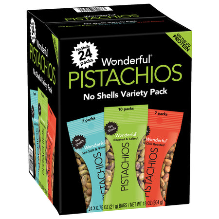 Box of Wonderful Pistachios no shells variety pack on a white background