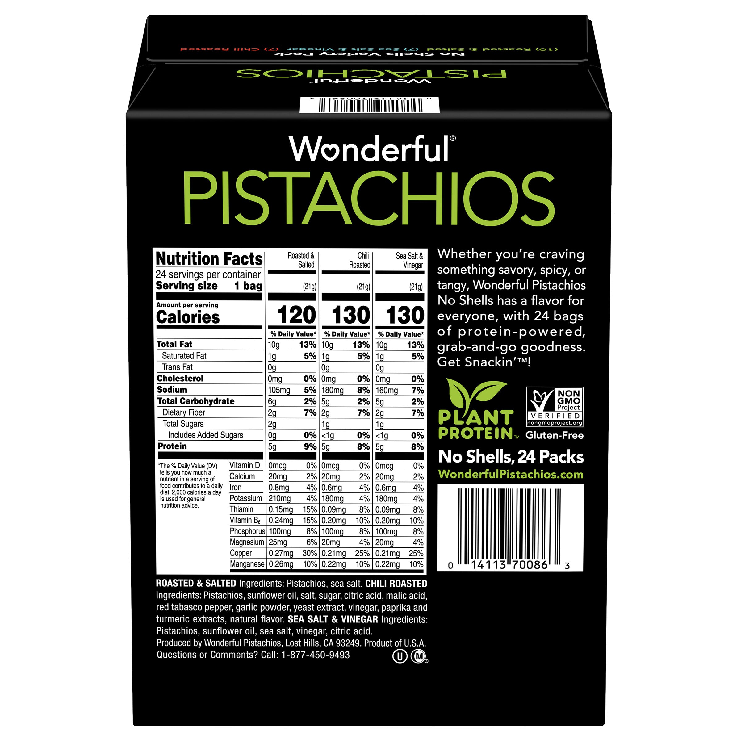 Box of Wonderful Pistachios with nutritional information and ingredients listed on a white background