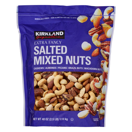 Kirkland Signature Extra Fancy Salted Mixed Nuts packaging on a white background