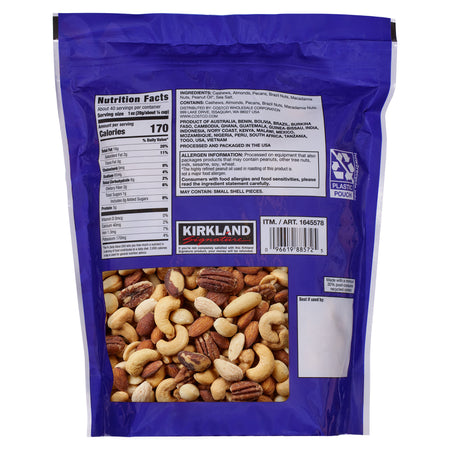 Kirkland Signature mixed nuts packaging with blue background