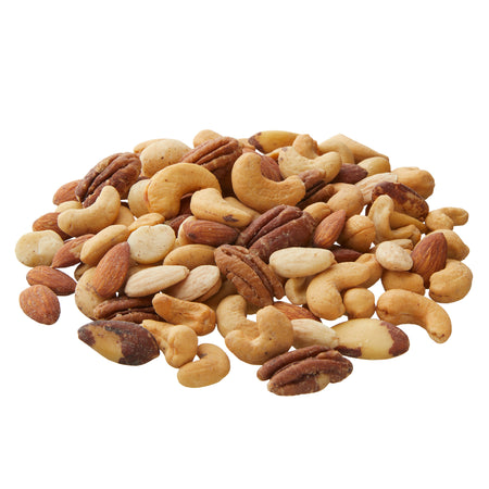 Assorted nuts including cashews and pecans on a white background