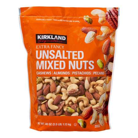 Kirkland Signature unsalted mixed nuts packaging on a white background
