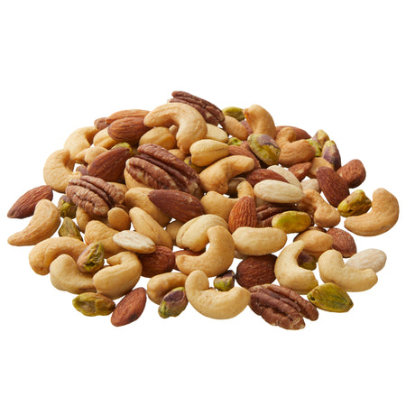 Assorted nuts including cashews, almonds, and pistachios on a white background