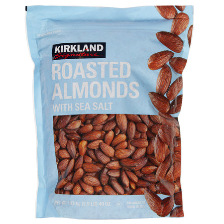 Kirkland Signature roasted almonds with sea salt packaging on a white background