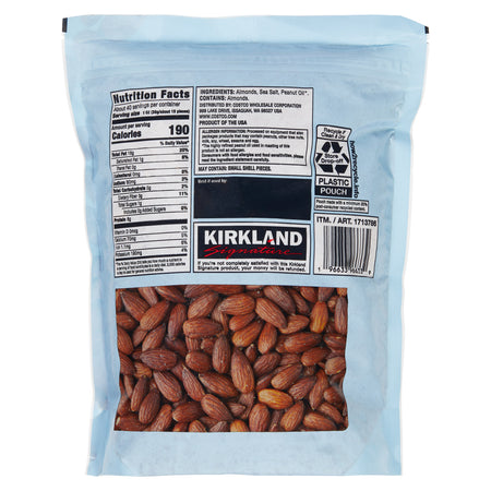 Kirkland Signature almonds packaging with visible branding and product details.