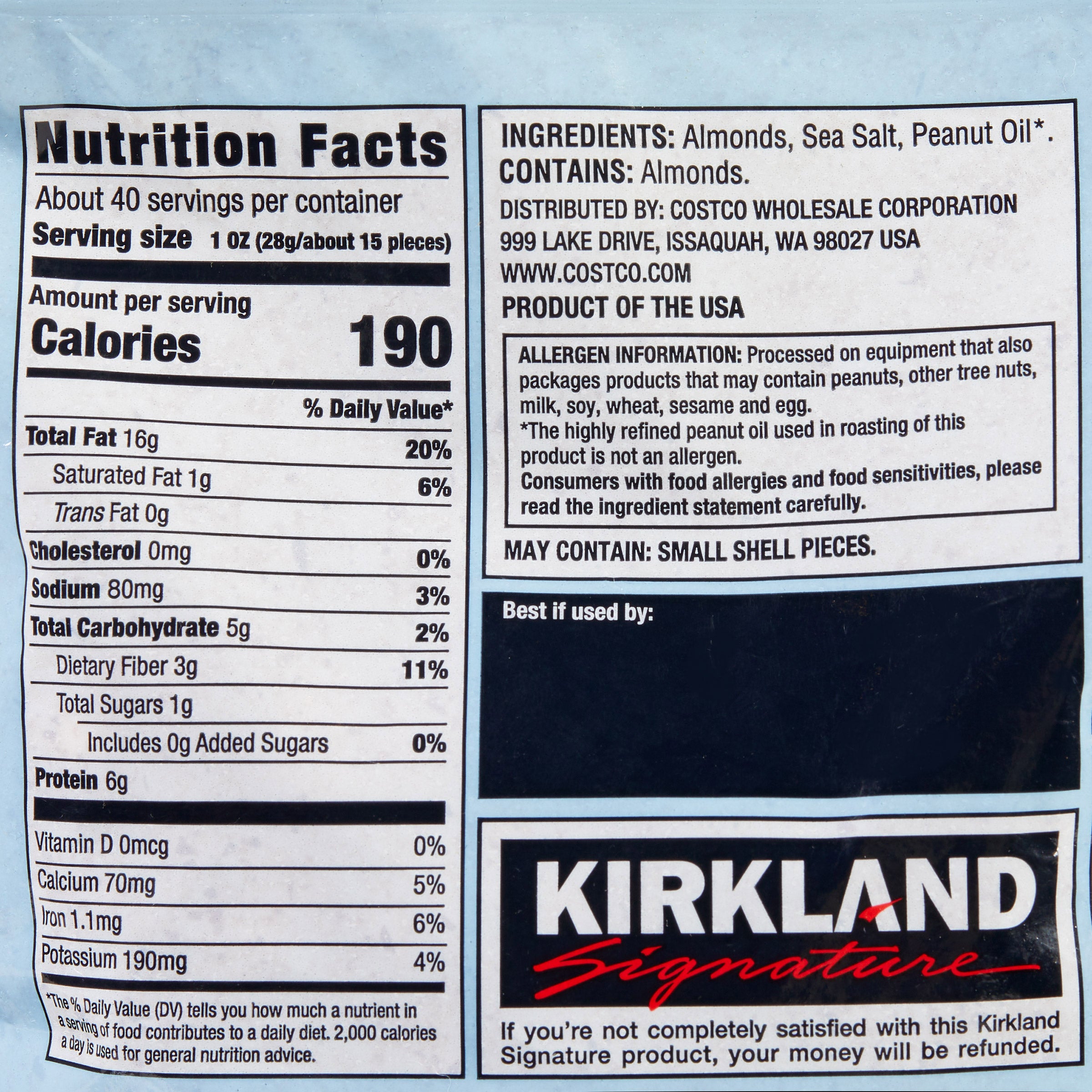 Nutrition label and ingredients list for a product with Kirkland Signature branding.