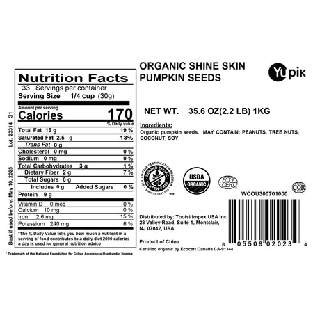 Label of Organic Shine Skin Pumpkin Seeds with nutrition facts and certification logos.