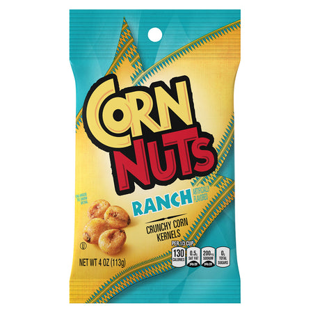 Packaging of Corn Nuts Ranch flavor crunchy corn kernels on a white background
