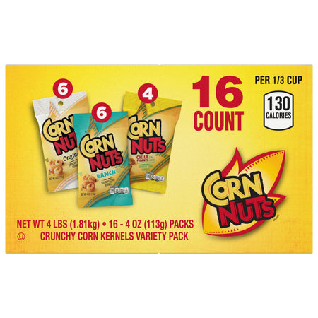 Corn Nuts snack package with variety of flavors on a yellow background