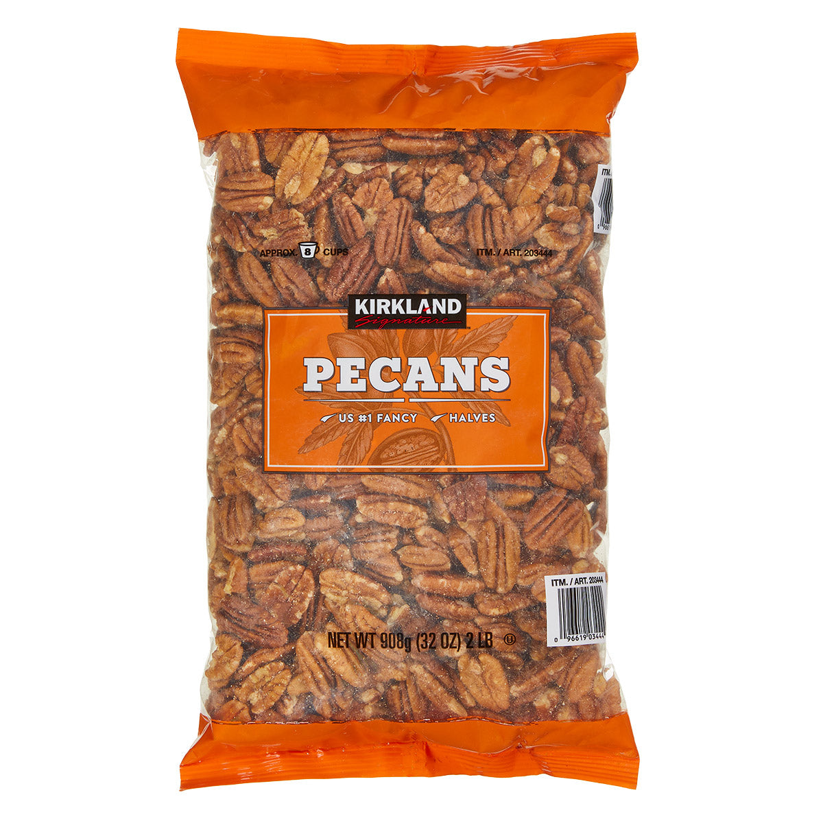 Kirkland pecans package with orange and clear design on a white background