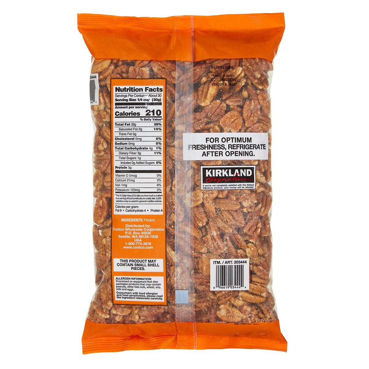 Bag of Kirkland pecans with orange top and clear sides on a white background