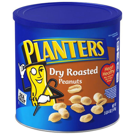 Can of Planters Dry Roasted Peanuts with blue lid and label.