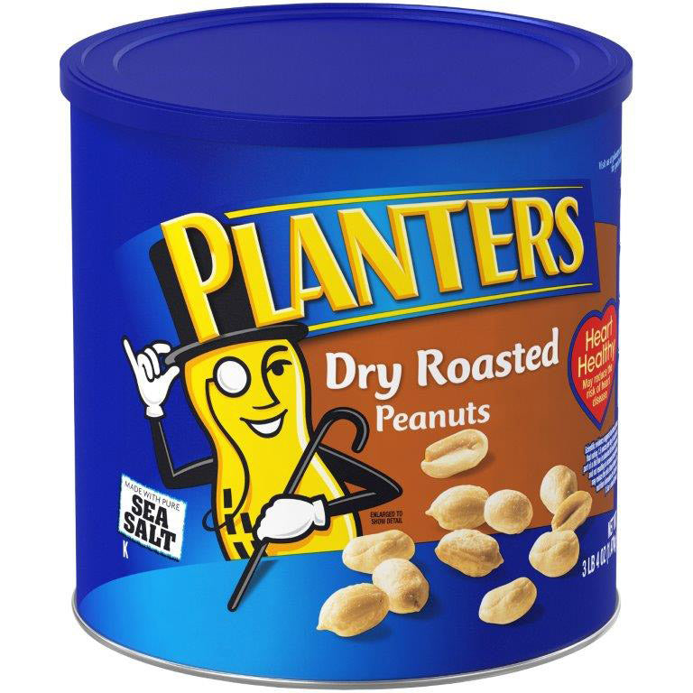 Can of Planters Dry Roasted Peanuts with blue lid and label.