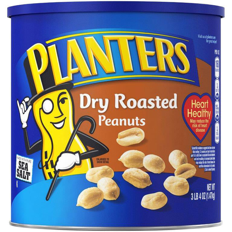 Can of Planters Dry Roasted Peanuts with character on blue background