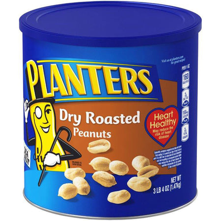 Can of Planters Dry Roasted Peanuts with blue lid and label.