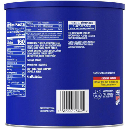 Back of a blue container with nutritional information, ingredients list, and contact details.