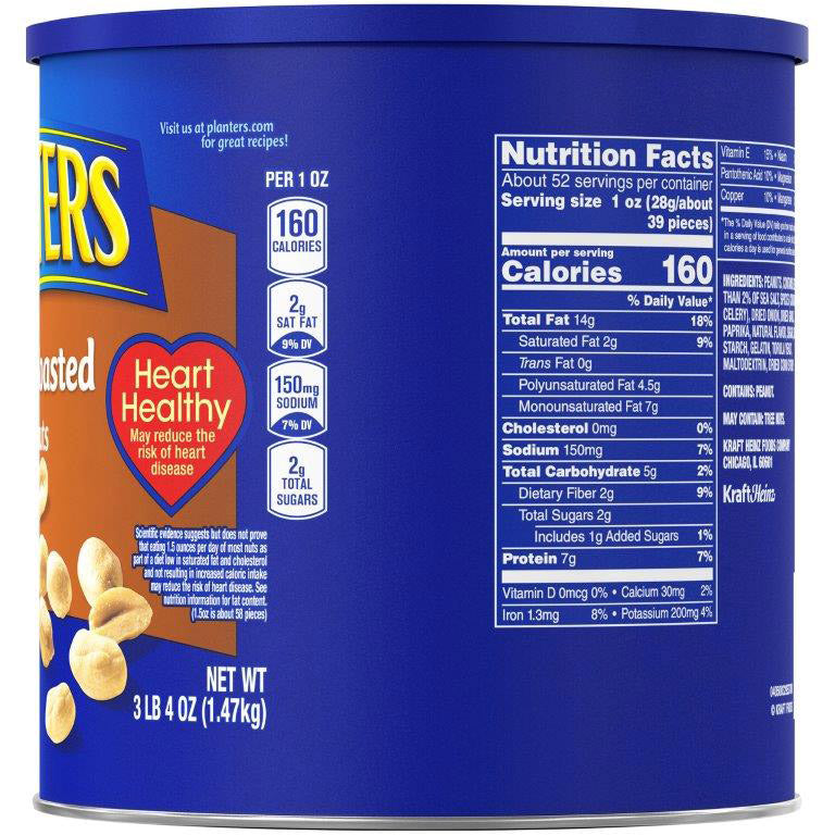 Can of Planters roasted peanuts with nutrition label on a blue background