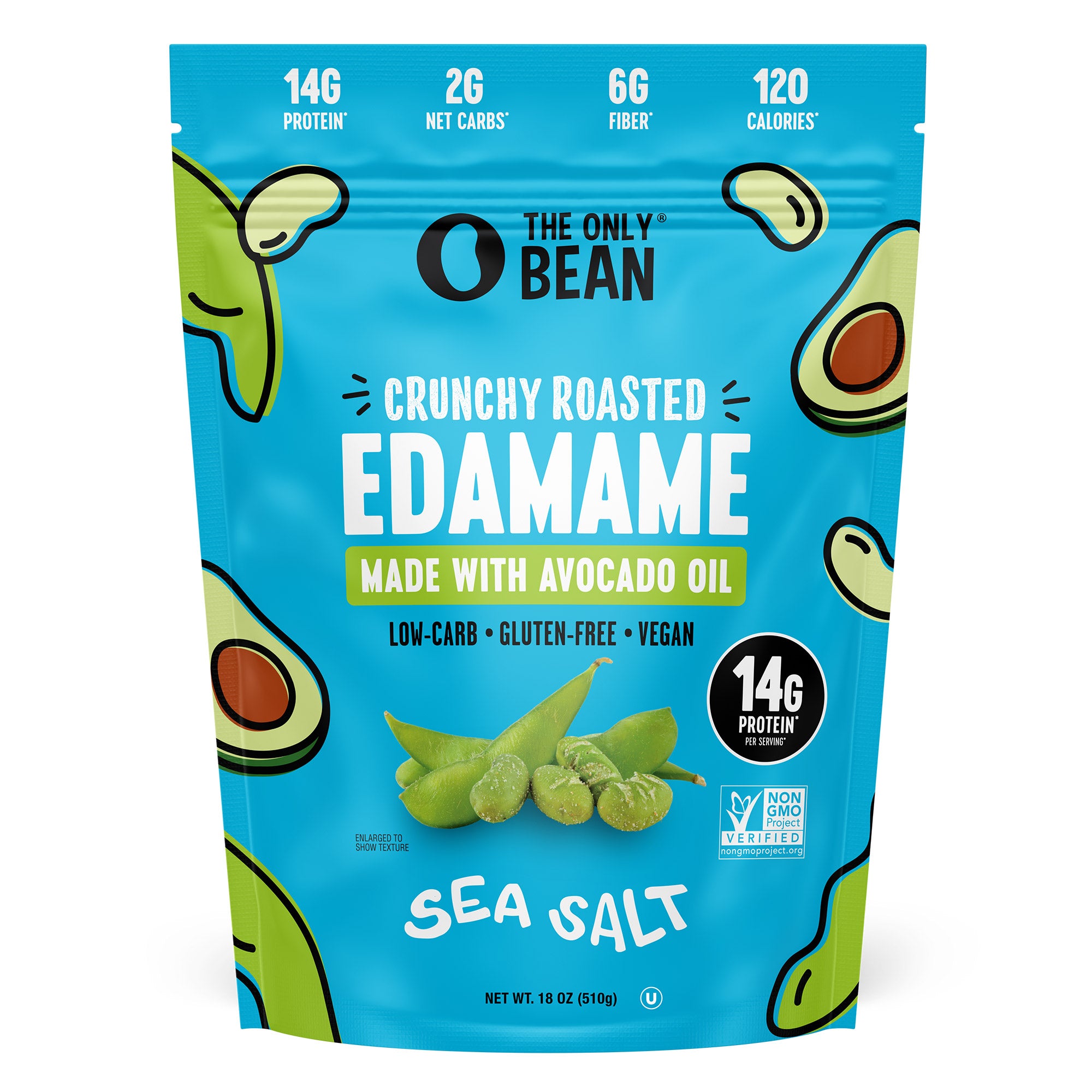 Packaging of Crunchy Roasted Edamame with avocado oil and sea salt flavor, featuring The Only Bean brand.