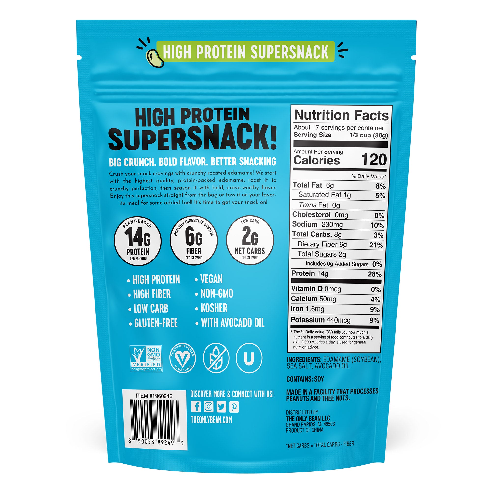 Blue packaging of a high protein super snack with nutrition facts and ingredients listed.