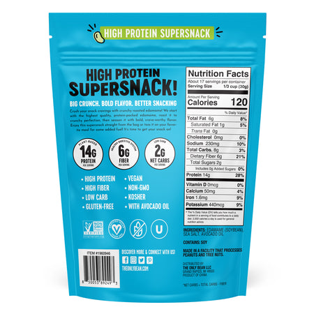 Blue packaging of a high protein super snack with nutrition facts and ingredients listed.