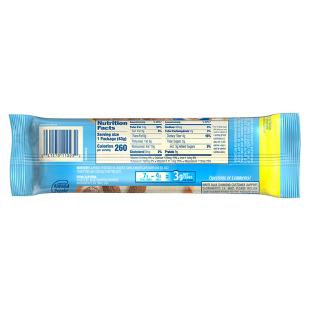 Blue and yellow snack bar package with nutrition label on a white background