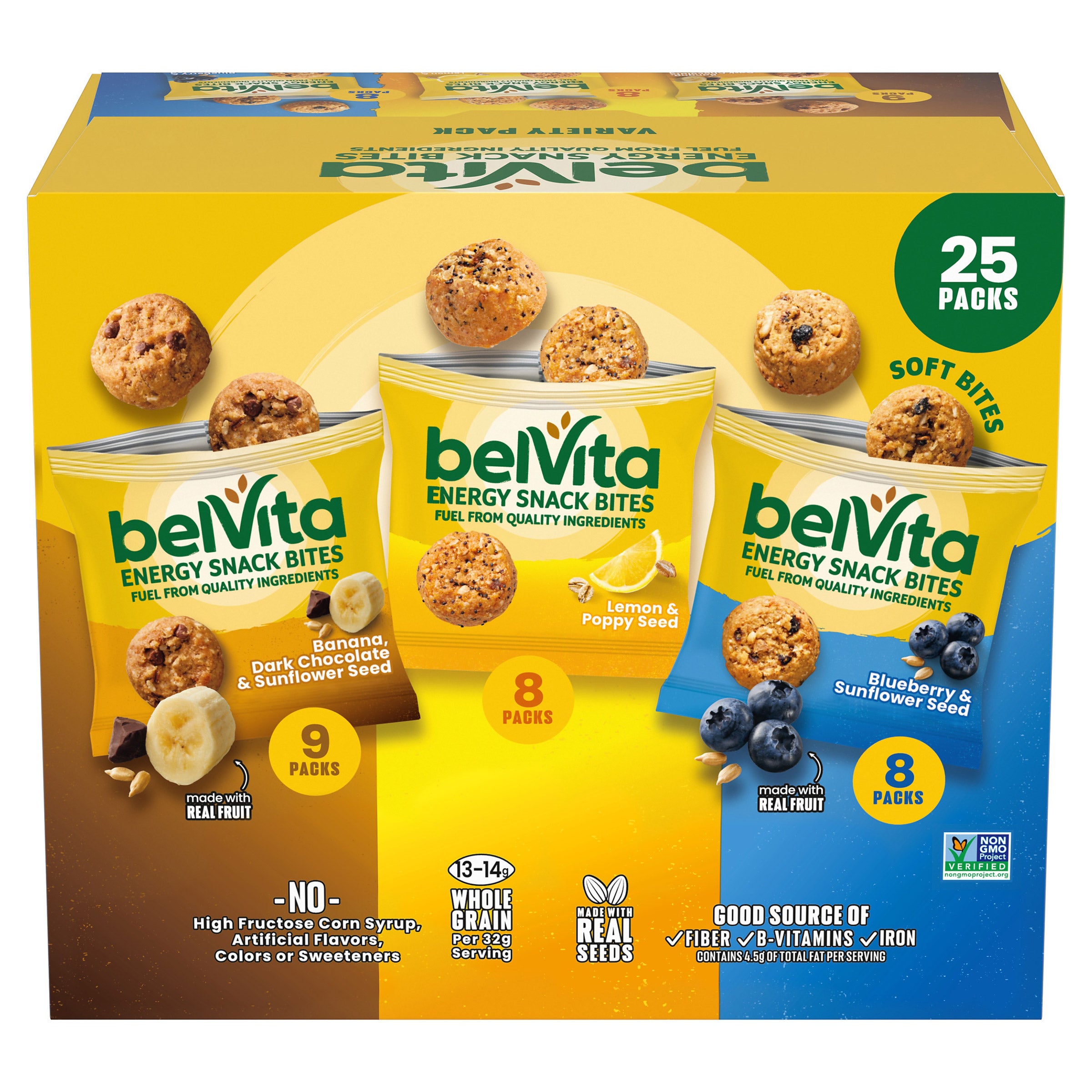 Box of belVita Energy Snack Bites with various flavors displayed.