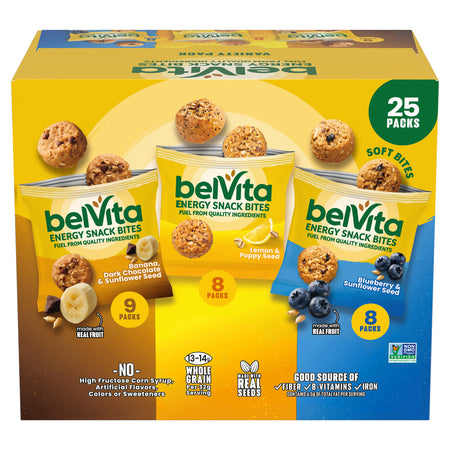 Box of belVita Energy Snack Bites with various flavors displayed.