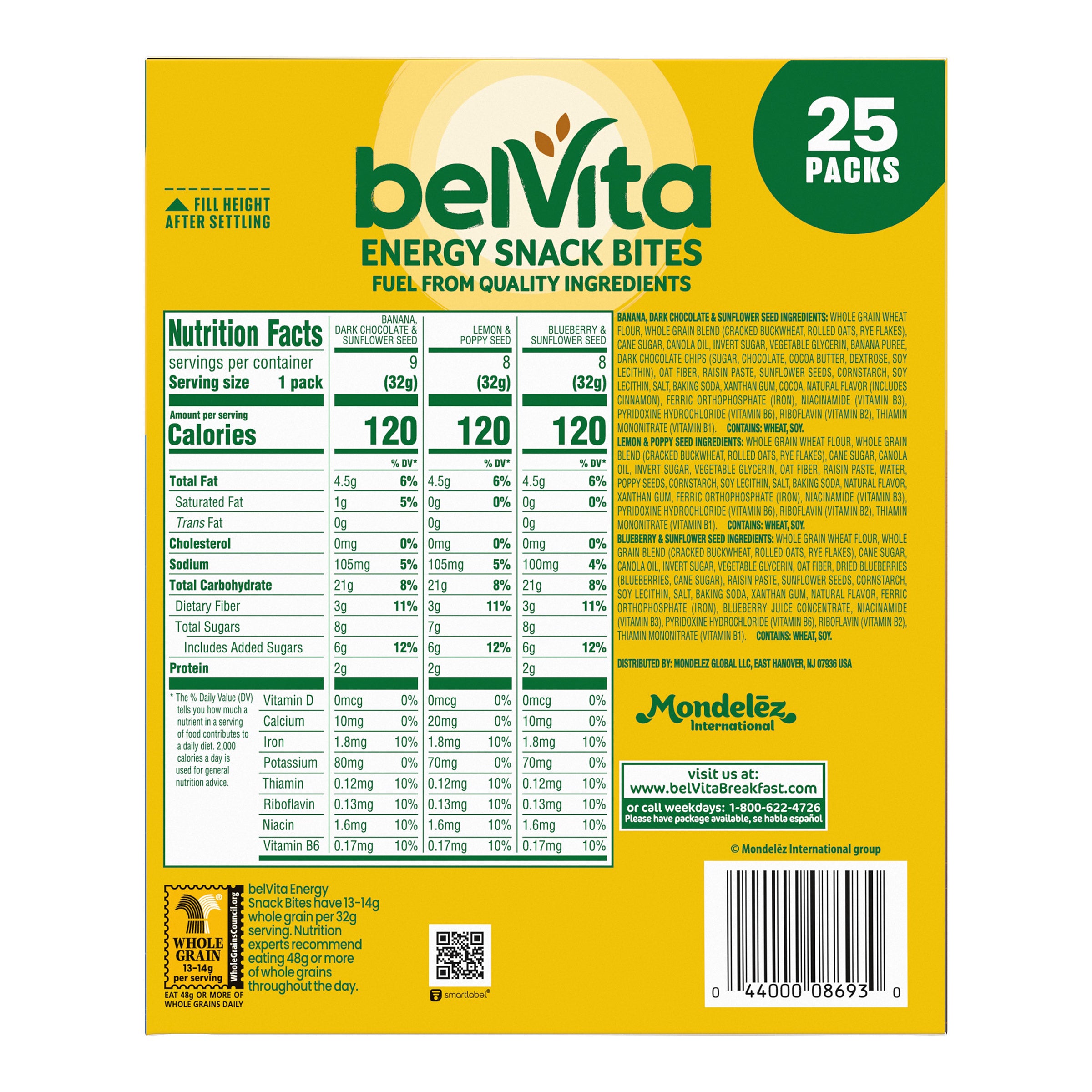 BelVita Energy Snack Bites packaging with nutrition facts and branding details.