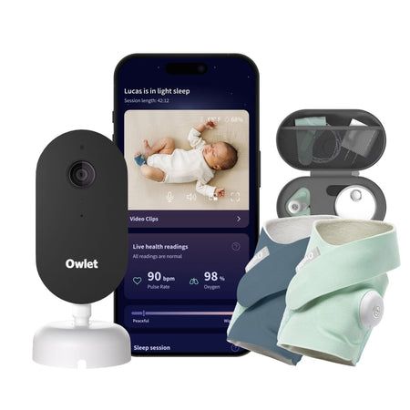 Owlet baby monitoring device with smartphone app and accessories on a white background