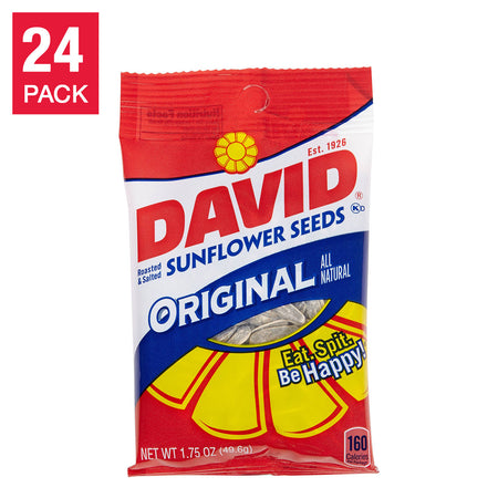 Packaging of David Sunflower Seeds with red, white, and blue design on a white background