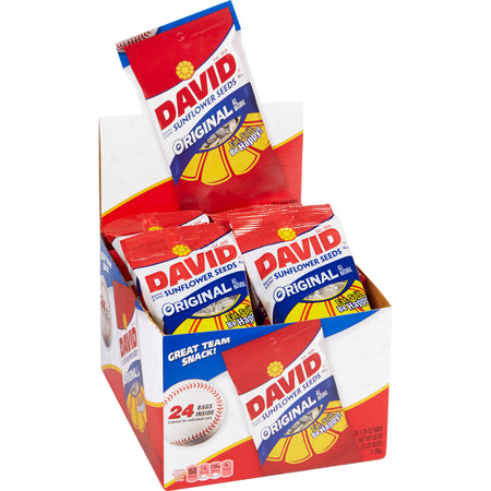 Box of David Sunflower Seeds packages on a white background