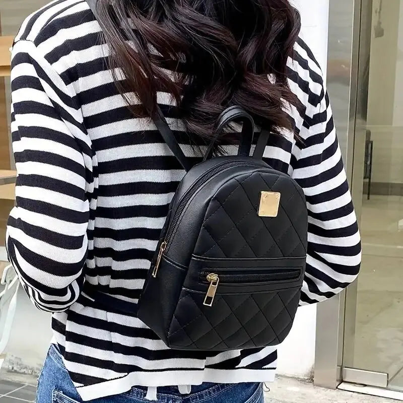 Small Black Rhombic Pattern Women's Backpack with Adjustable Strap