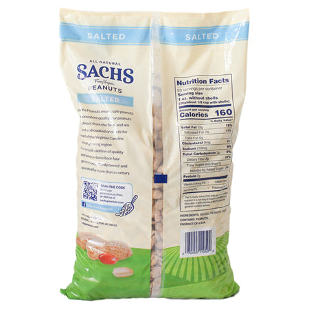 Two bags of Sachs peanuts with visible branding and nutrition information on a white background.
