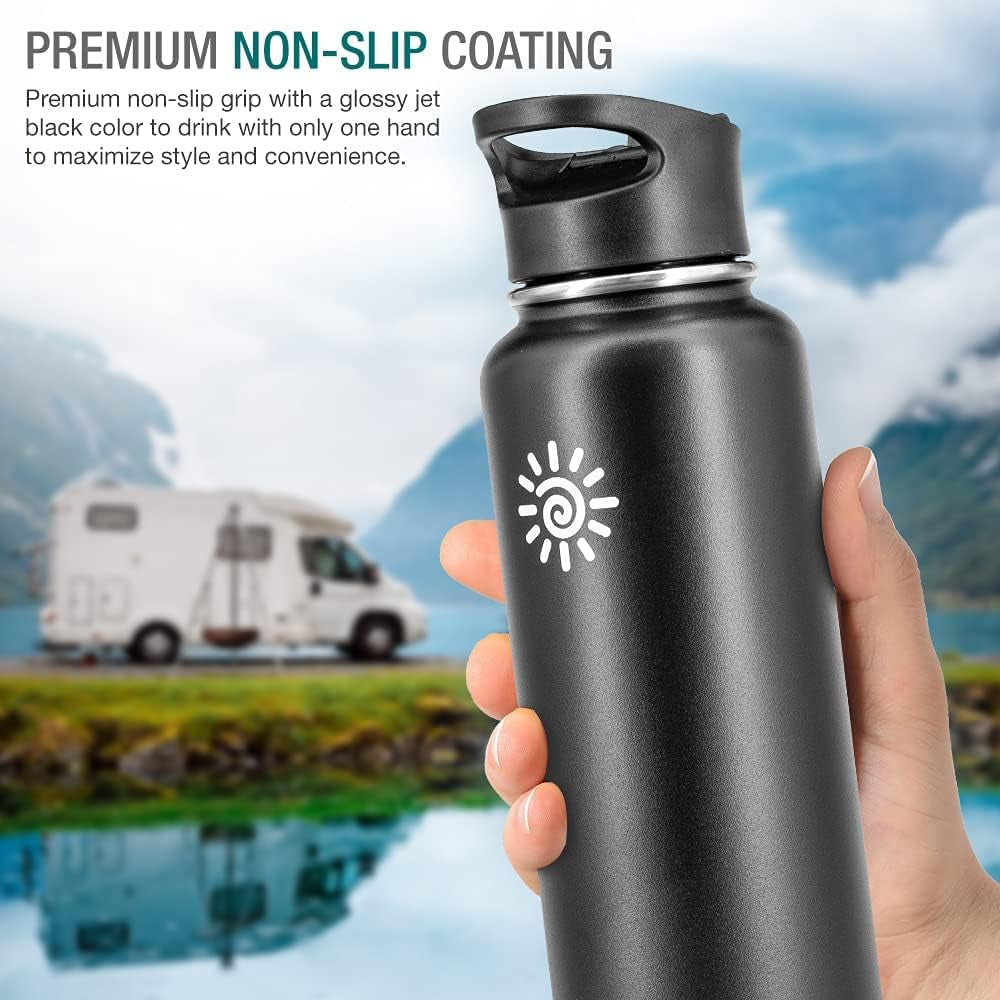 Water Bottle 40 Oz. Flask Double Wall Stainless Steel & Vacuum Insulated (Black) Sport Hydro Container (Standard Mouth/Leak Proof/Bpa Free Cap), (MB000315)