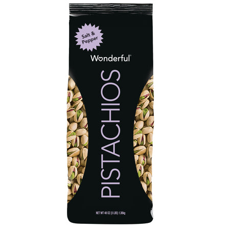 Bag of Wonderful Pistachios with salt and pepper flavor on a white background