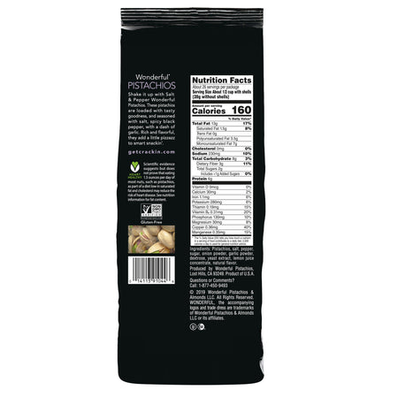 Black bag of Wonderful Pistachios with nutrition facts label on a white background
