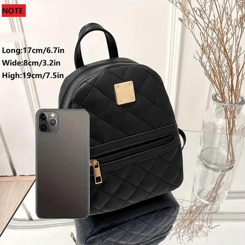 Small Black Rhombic Pattern Women's Backpack with Adjustable Strap